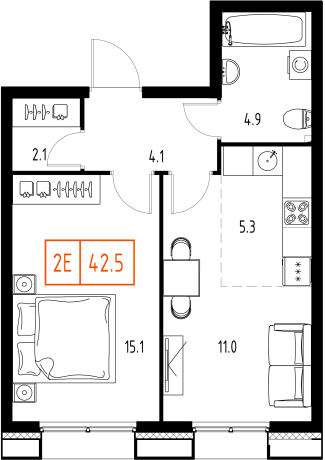 1 комн. квартира, 42.5 м², 8 этаж 