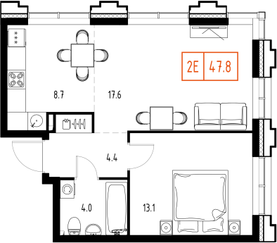 2 комн. квартира, 47.8 м², 9 этаж 