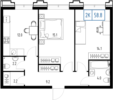 2 комн. квартира, 58.8 м², 9 этаж 