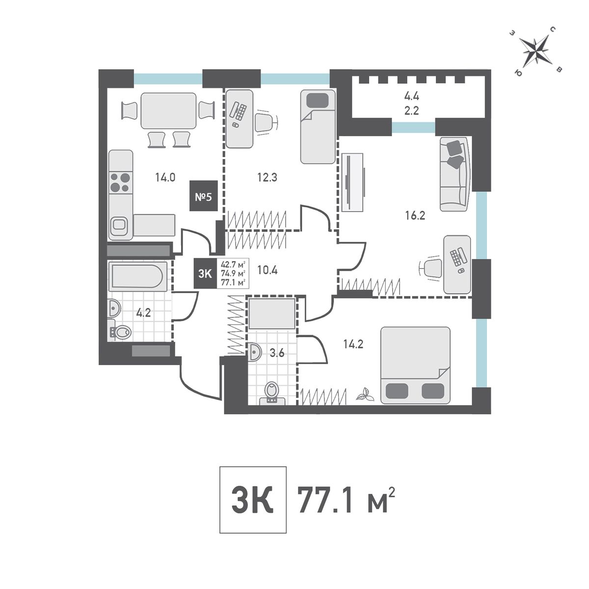 3 комн. квартира, 77.1 м², 7 этаж 