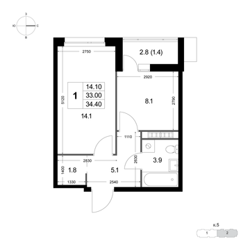 1 комн. квартира, 34.4 м², 8 этаж 
