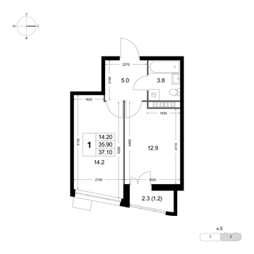 1 комн. квартира, 37.1 м², 3 этаж 