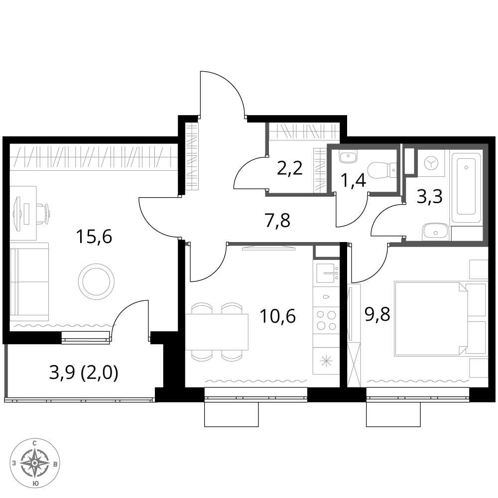 2 комн. квартира, 52.7 м², 2 этаж 