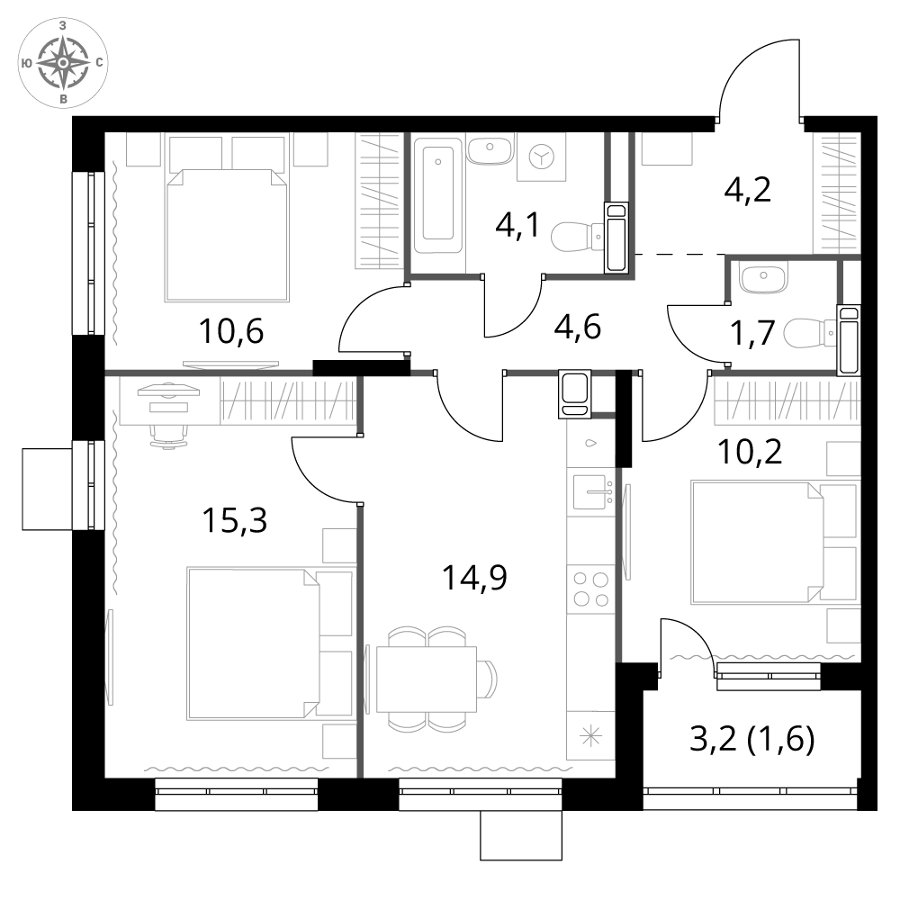 3 комн. квартира, 67.2 м², 4 этаж 
