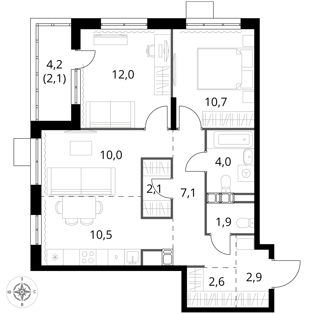 3 комн. квартира, 65.9 м², 5 этаж 
