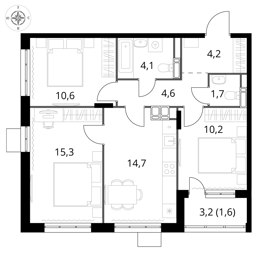 3 комн. квартира, 67 м², 19 этаж 