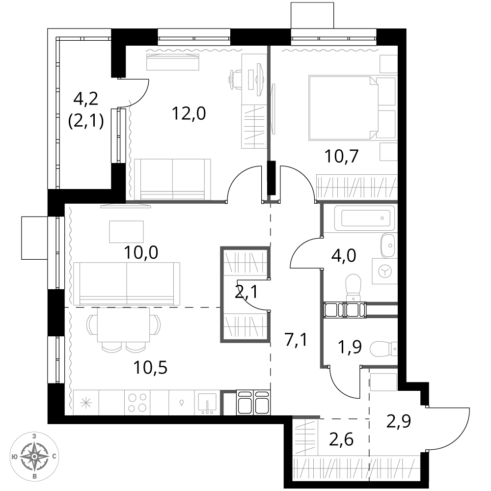 3 комн. квартира, 65.9 м², 23 этаж 