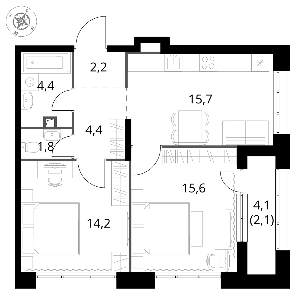 2 комн. квартира, 60.4 м², 2 этаж 