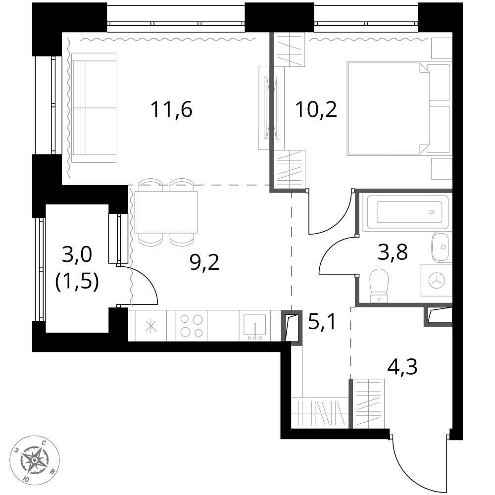 2 комн. квартира, 45.7 м², 2 этаж 