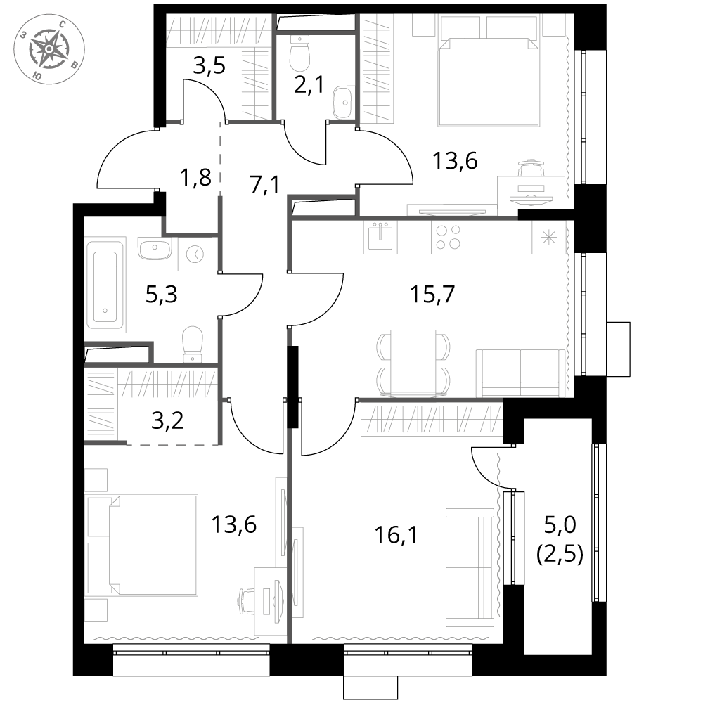 3 комн. квартира, 84.5 м², 3 этаж 