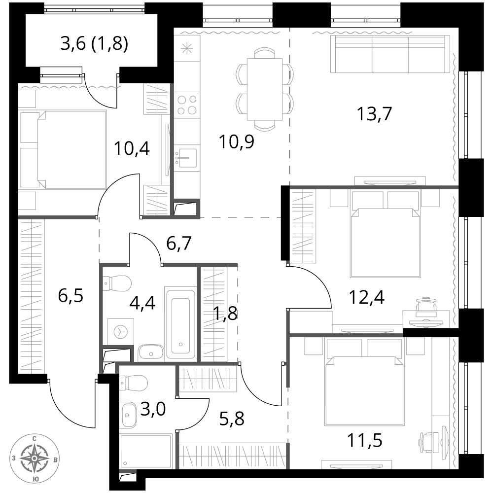 4 комн. квартира, 88.9 м², 2 этаж 