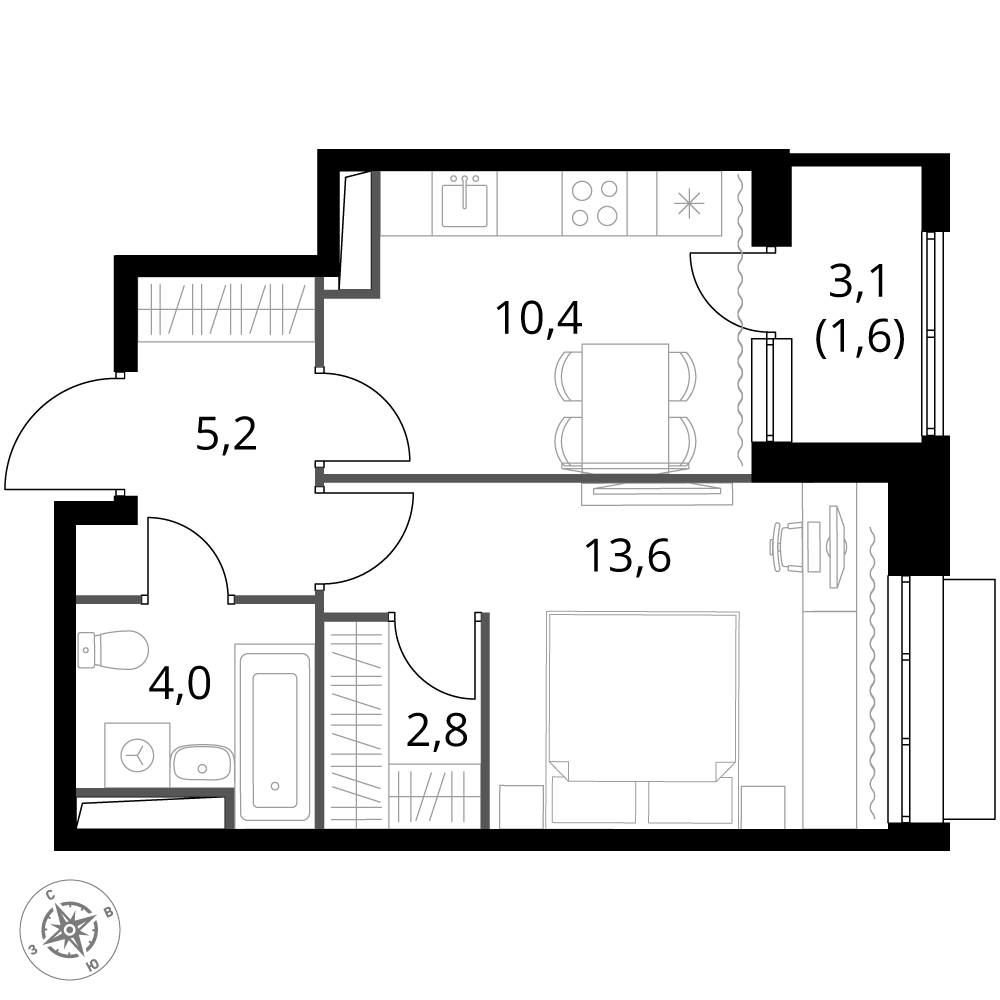 1 комн. квартира, 37.6 м², 3 этаж 