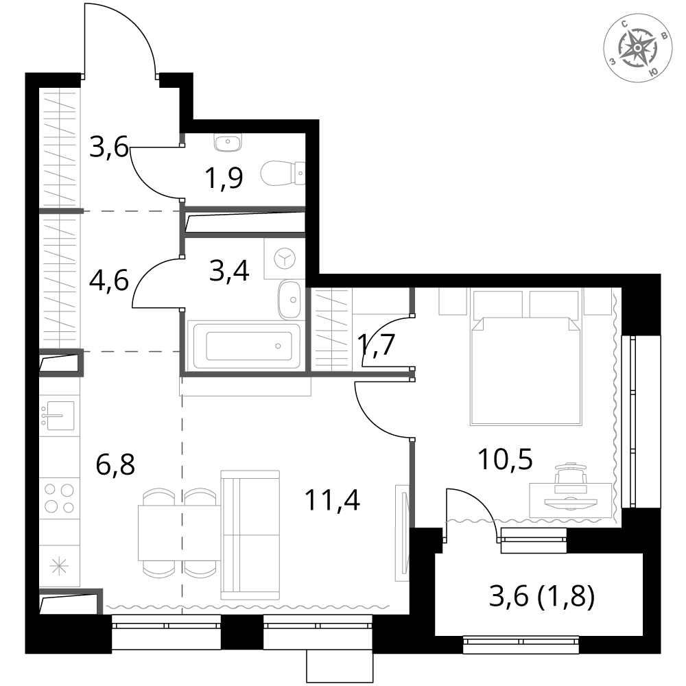 2 комн. квартира, 45.7 м², 9 этаж 