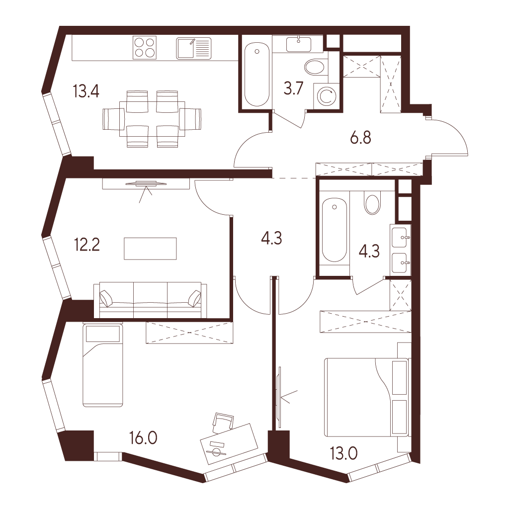 3 комн. квартира, 73.7 м², 4 этаж 