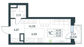 студия, 27.4 м², 30 этаж 