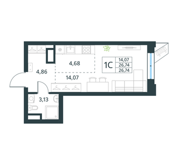 студия, 26.7 м², 30 этаж 