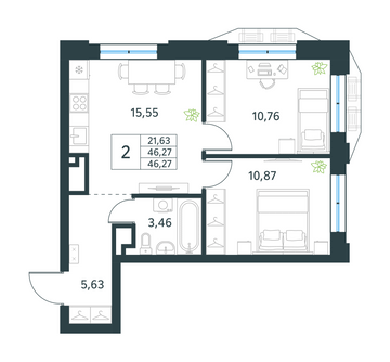 2 комн. квартира, 46.3 м², 12 этаж 