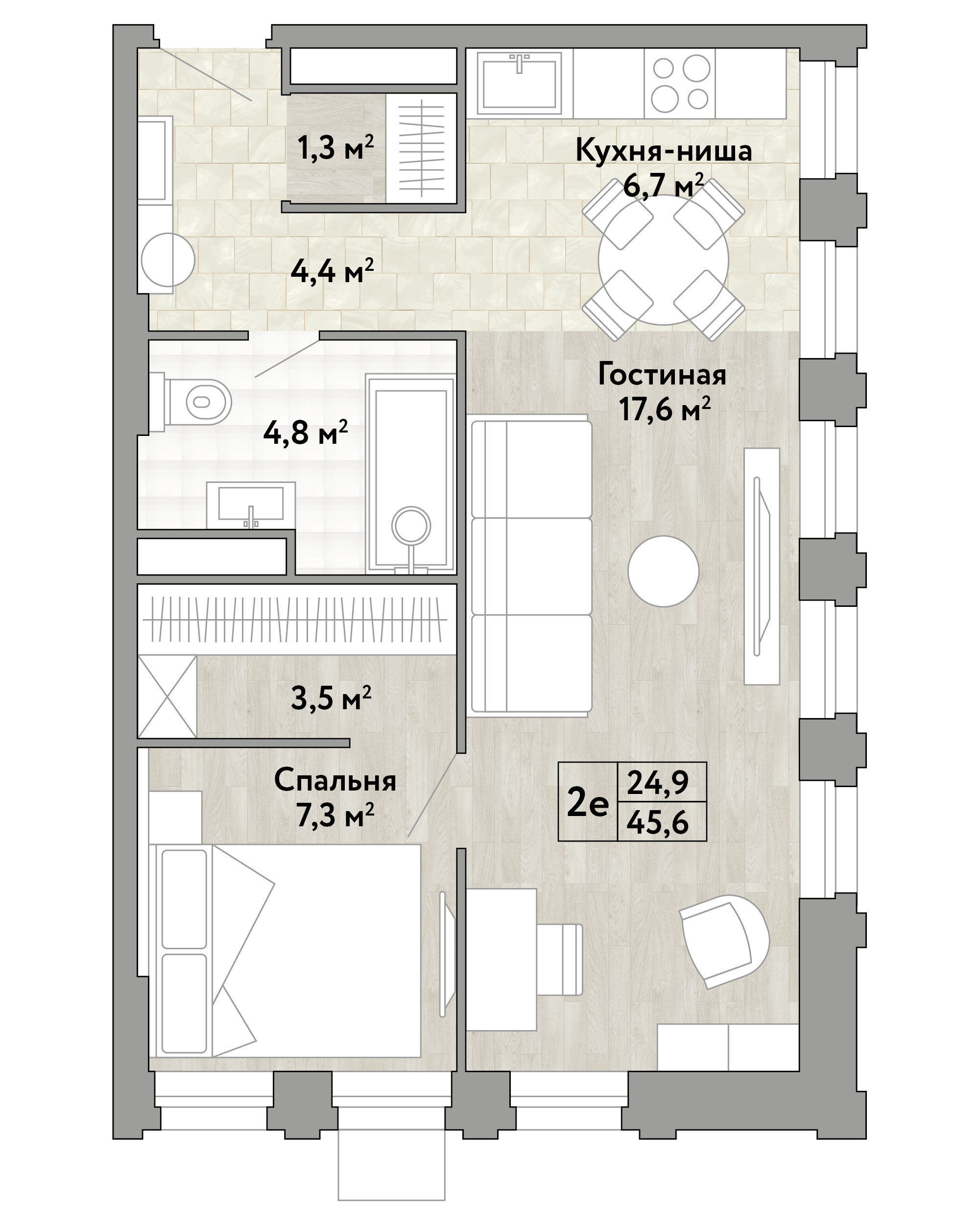 1 комн. квартира, 45.6 м², 22 этаж 